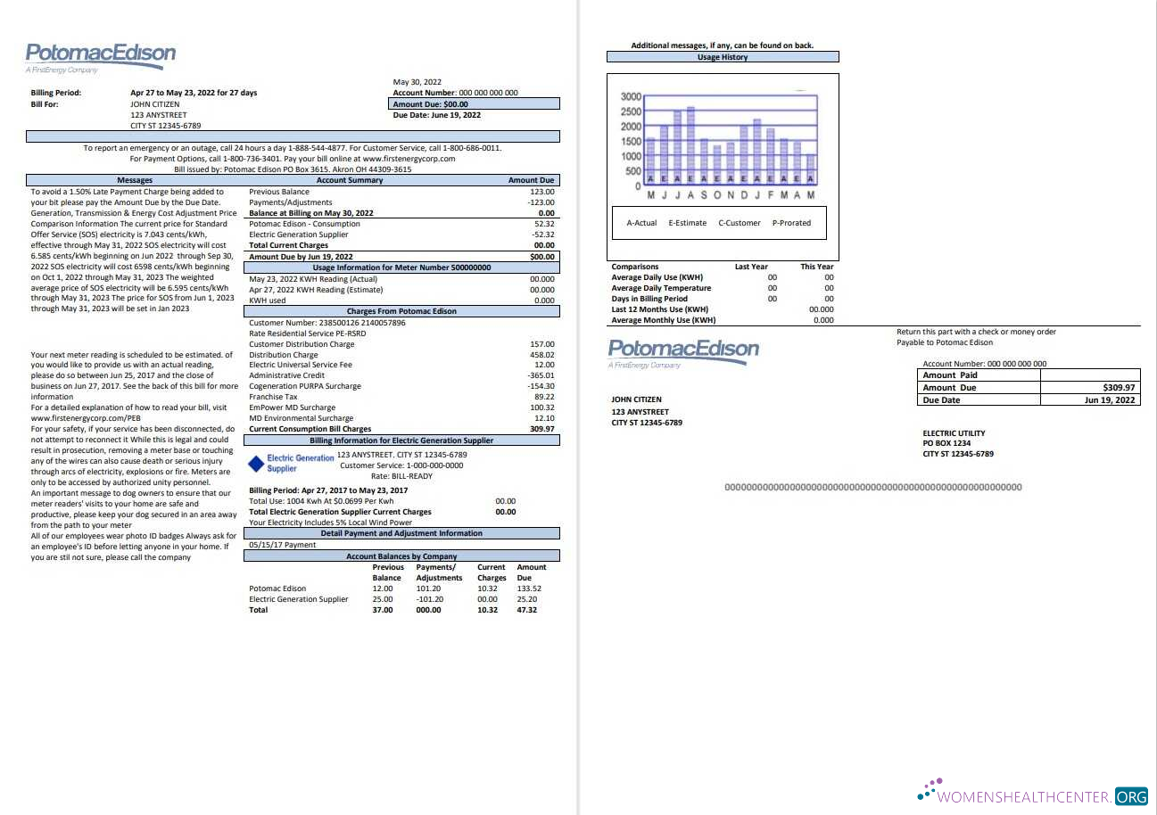 download download USA Maryland Potomac Edison utility bill, Word and PDF template, 2 pages PDF template PDF template